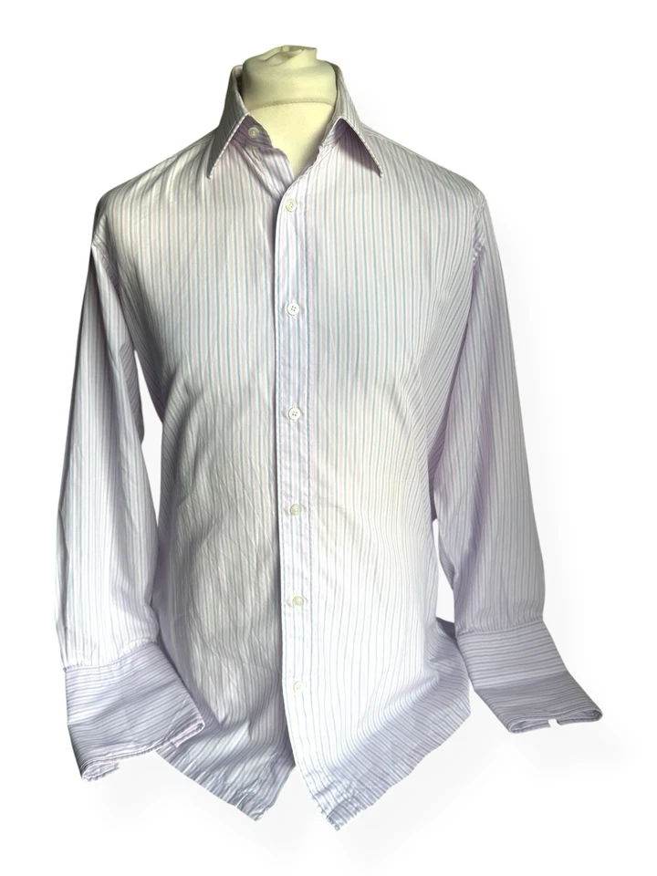 Charvet Paris Place Vendôme мужской платье рубашка | 15,5 39 розовый белый и синий полоски - Изображение 2 из 4