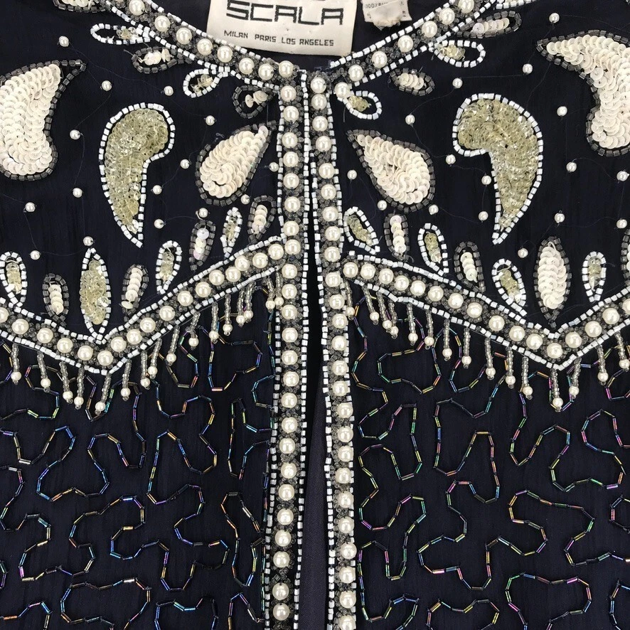 Chaqueta de seda adornada formal Scala talla 2X con cuentas y lentejuelas en negro Foto 2 de 4