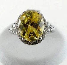 SG Sterling Silver Yellow and White Crystal Ring 925 Size 9 Oval Cut Gem