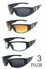 3 PAIR COMBO Chopper Sunglasses Motorcycle Glasses Smoke HD & Clear Lens