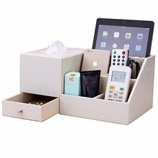 Multifunctional PU Leather Office Desk Organizer Holder Storage Tissue Box WHITE