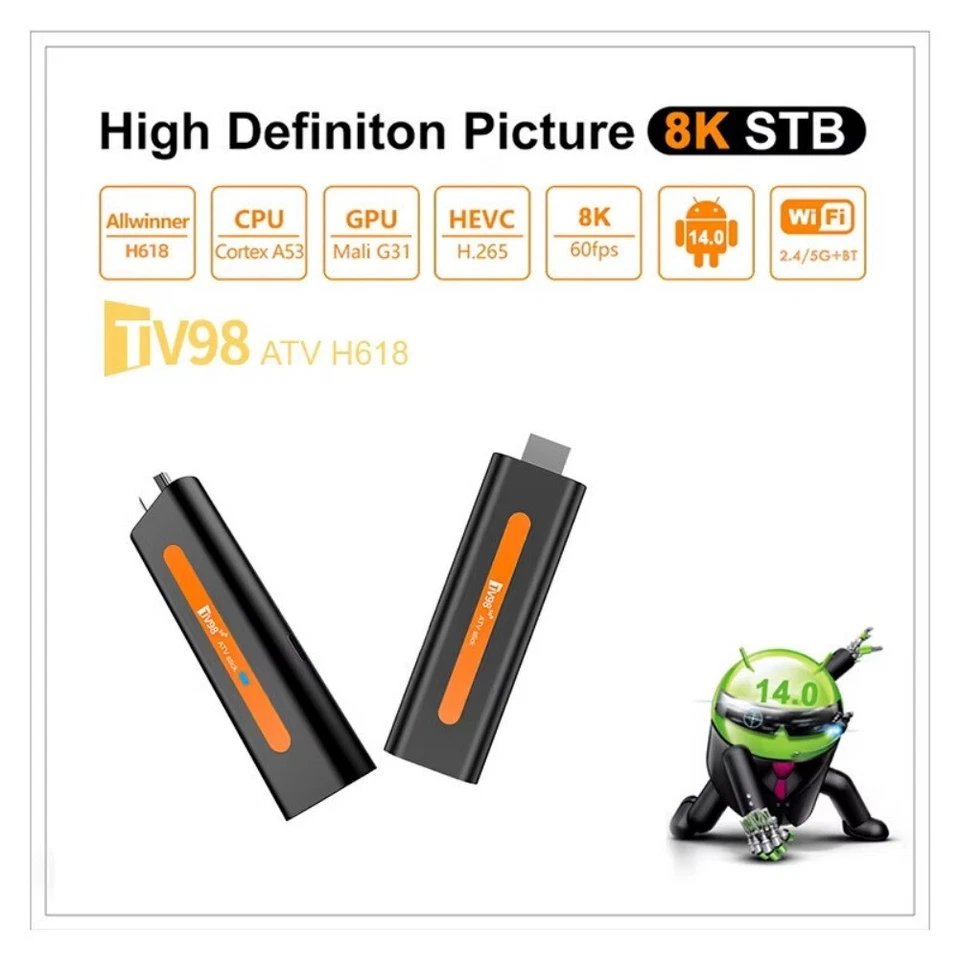 ATV TV98 H618 Smart 8K Andriod 14 TV Stick 2.4/5G dual wifi6 BT 5.0 2G+16GPlayer - Bild 3 von 4