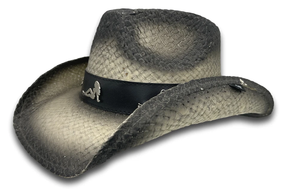 Genuino Peter Grimm ROPER Fibra de Paja Sombrero de Vaquero Plateado Sexy Dama Acento Banda Foto 4 de 4