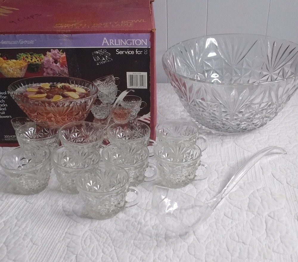 Vintage Anchor Hocking ARLINGTON Glass Punch Bowl, Ladle &  8cups Set USA MADE