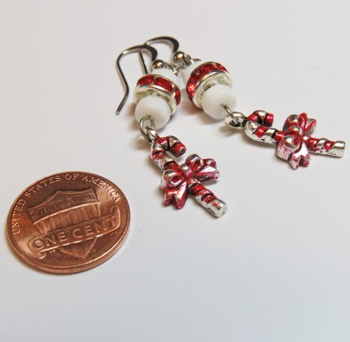 Festive Silver Tone Metal Christmas Candy Cane Earrings By SoniaMcD  - Picture 2 of 8