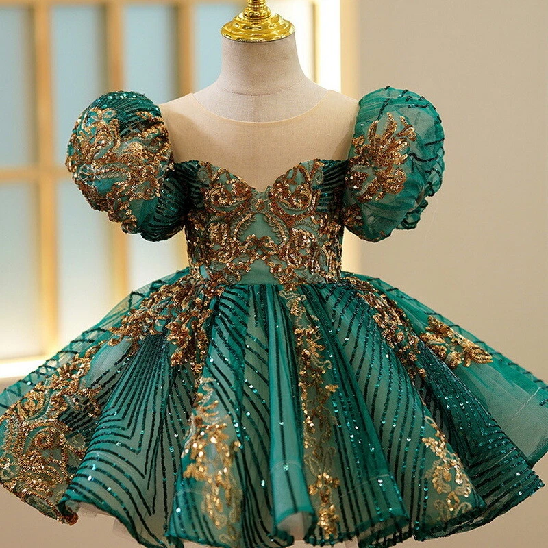 Summer Girl Party Dresses Short Puff Sleeves Sequined Patchwork Princess Dress