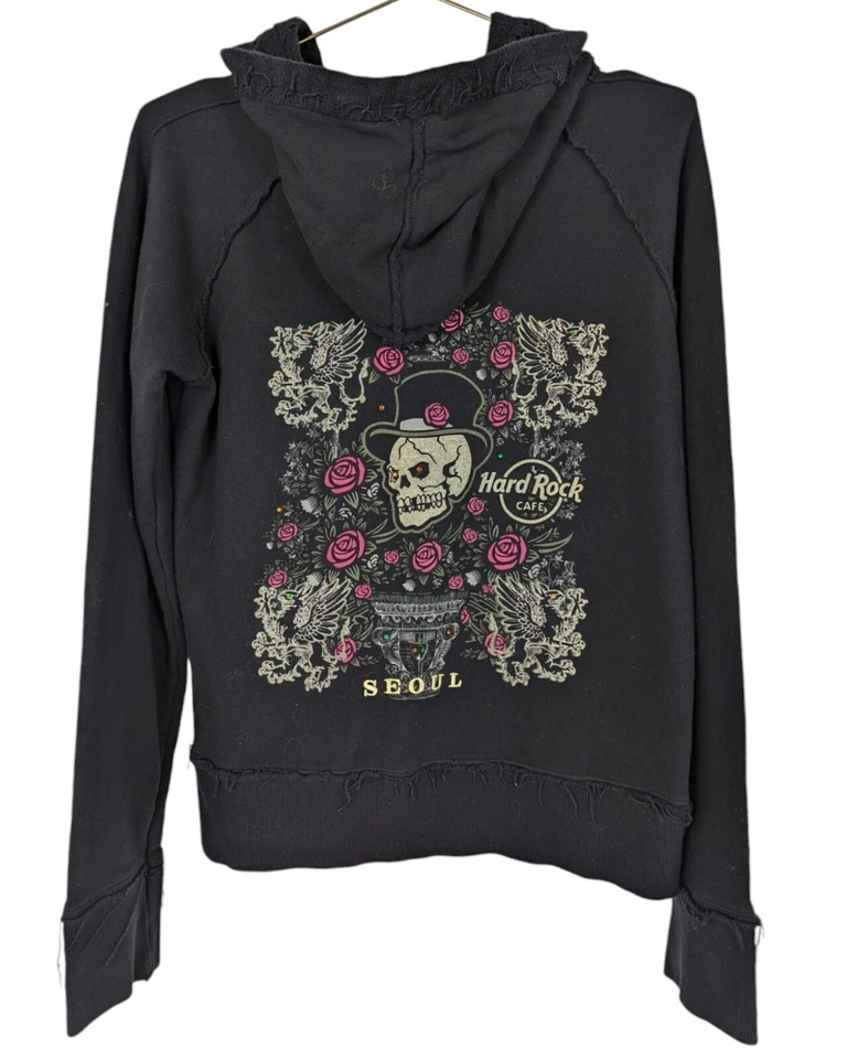 Hard Rock Seoul Woman's Size XL Black Fringed Hooded Pockets Graphics Hoodie - Image 2 of 4