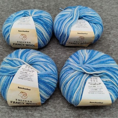 Lot Of 4 New Sanchunhui Fancy Variegated Blues Wool Dyed Yarn 4 Skeins