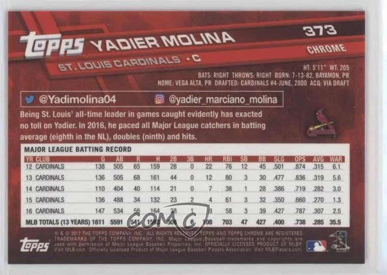 2017 Topps Chrome Sapphire Edition /250 Yadier Molina #373 - Image 2 of 2