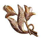 Vintage Damascene Tulip Brooch Pin Gold Tone and Faux Pearl Costume Jewelry
