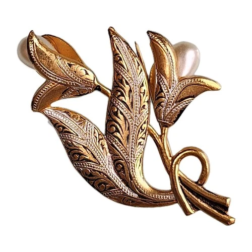 Vintage Damascene Tulip Brooch Pin Gold Tone and Faux Pearl Costume Jewelry