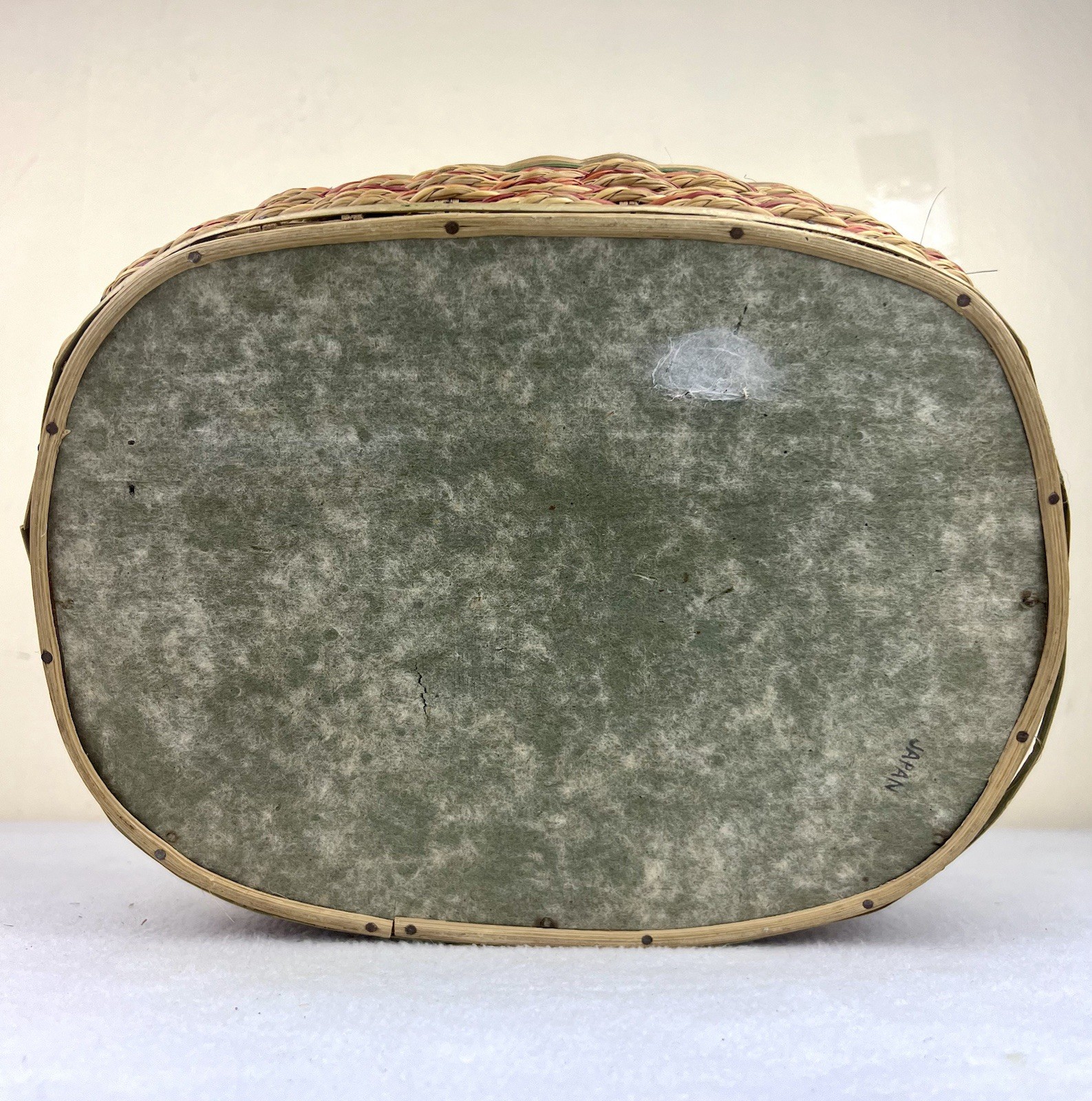 Vintage Sewing Basket Faux Ratan Wicker Sea Foam Green Satin Lining Japan 10.5”