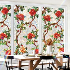 Stained Glass Window Film Privacy Decorative – Colorful Leaf Frosted Static C...
