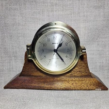 Vintage Benchmark Brass Ships Bell Clock with Wooden Stand Great Condition  