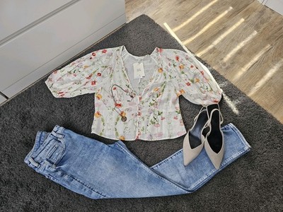 Linen Blend Romantisches Blusenshirt Ballonärmel floral Creme M 38 40