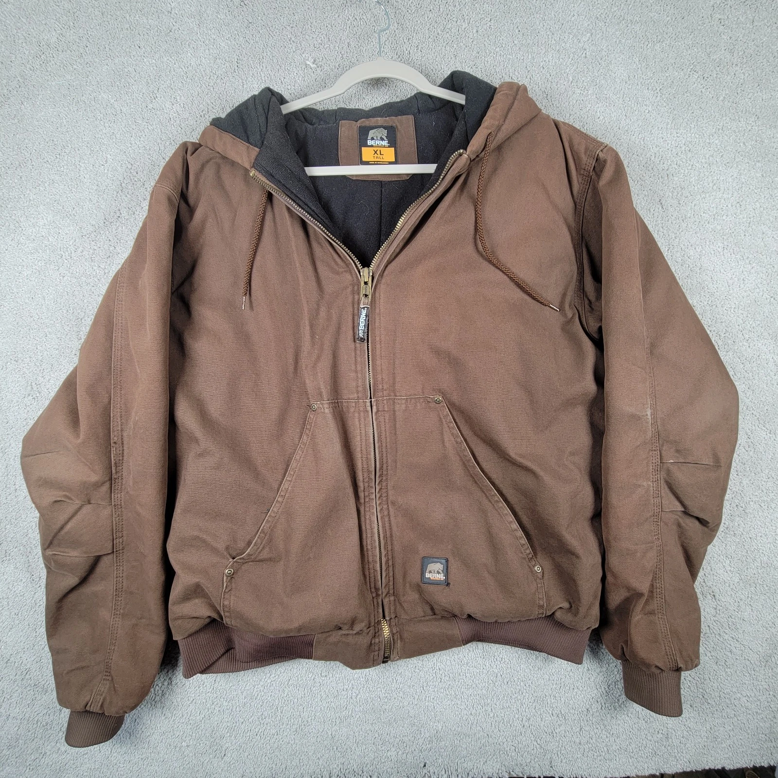 Berne Jacket Mens XLT Brown Hooded Duck Canvas Work Coat Insulated