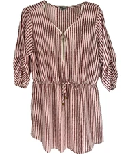 J For Justify Maroon Dress XL Stripe Gold Zip Drawstring Waist Casual Boho 3/4