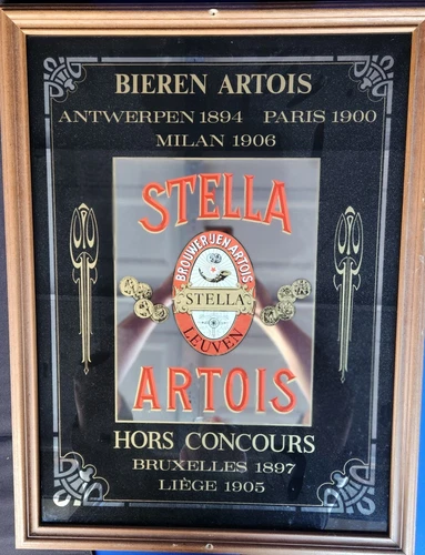 Vintage Stella Artois Beer Mirror Bar Sign in wood frame 26.5” x 20”