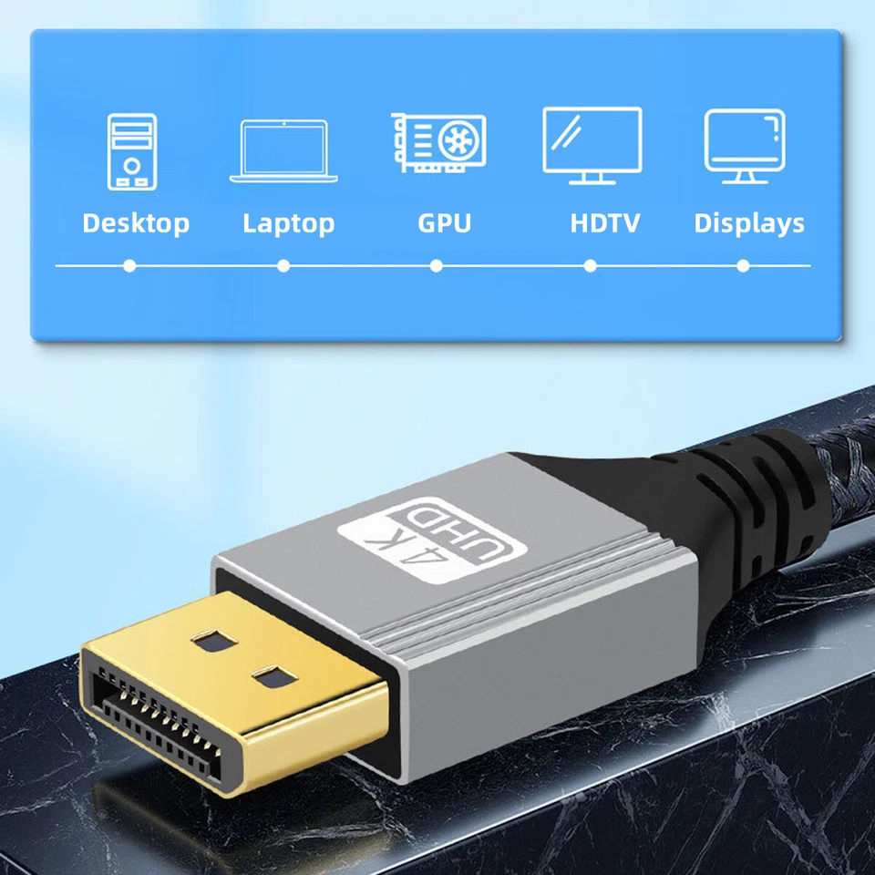 CY DP to DP Cable 4K 60hz Cable Silver Sleeve Ultra-HD for Graphics Card Desktop - Image 3 of 4