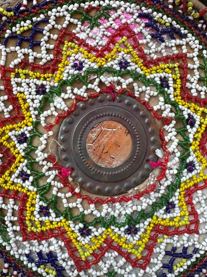 Старинный старый индийский ручной работы многоцветные бусины работы ручной вентилятор без палочки - Изображение 4 из 4