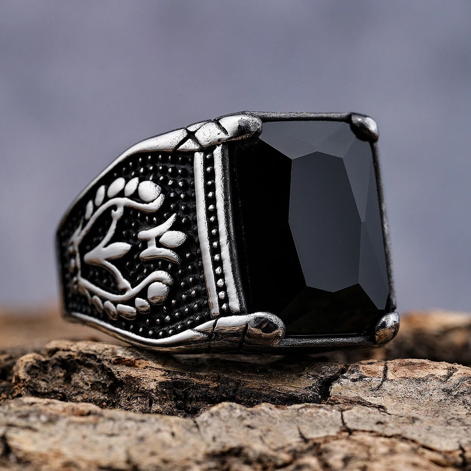 复古大号立方氧化锆戒指男式不锈钢诞生石男士戒指 — 第 4/4 张图片