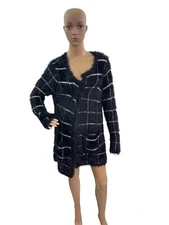 Signature Studio Women’s M Black White Check Fuzzy Soft Cardigan Sweater Pocket