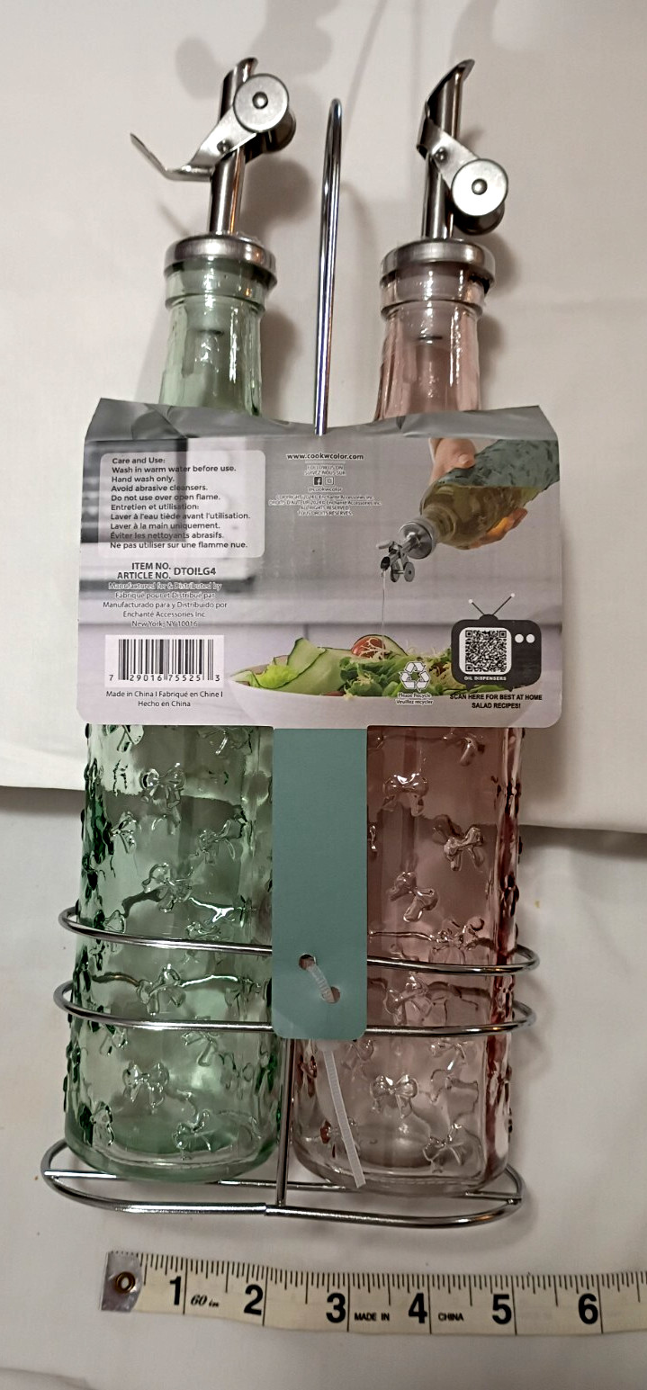 Cook With Color CWC Glass Gold Oil & Vinager Dispensers Pink & Green 17oz