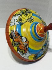 VINTAGE OHIO ART 8" TIN LITHO SPINNING TOP CARS hot rod wood red handle