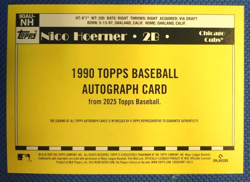 2025 TOPPS UPDATE SERIES NICO HOERNER #90AU-NH GOLD /50 AUTO 1990 AUTO CARD - Image 2 of 2