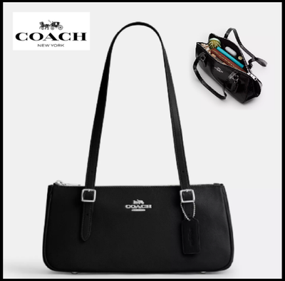 COACH CBJ05 Asher Shoulder Bag Black SVBK Shiny Crinkle Leather
