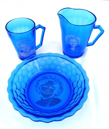 Vintage Lot 1930 Cobalt Blue Shirley Temple Cereal Bowl, Pitcher, Juice Glass