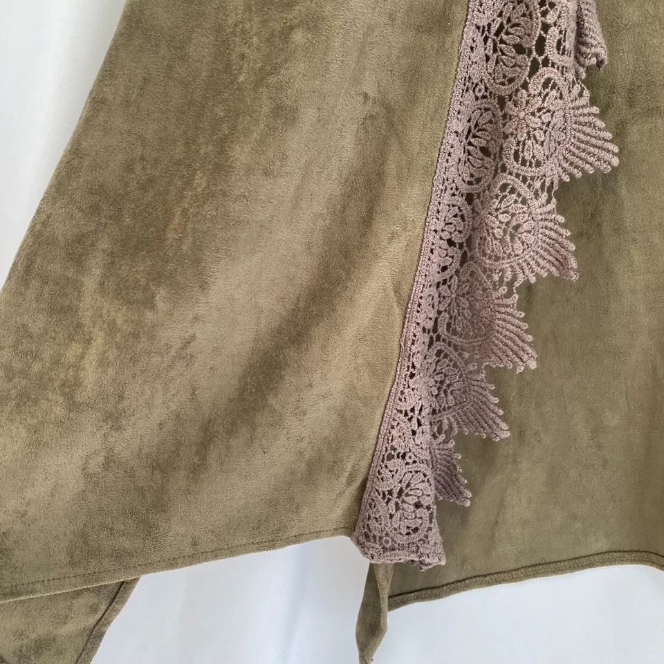 Chaleco Umgee Mujer Imitación Gamuza Crochet Encaje Ribete Talla L Verde Oliva Bolsillos Boho Foto 4 de 4