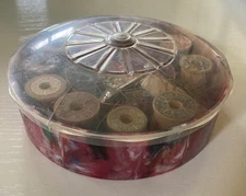 Vintage Marbled Pink Plastic Thread Box with Spools of Thread, Sewing Notions