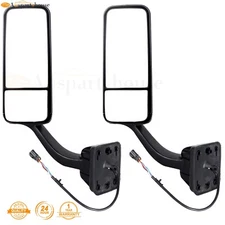 Pair LH+RH Side Hood Black Power Heated Mirrors for 08-16 Freightliner Cascadia