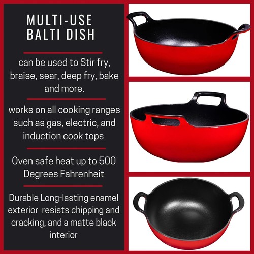 NIB Bruntmor Enameled Cast Iron Balti Dish Pot Pan, Fire Red, 3 qt - Picture 5 of 10