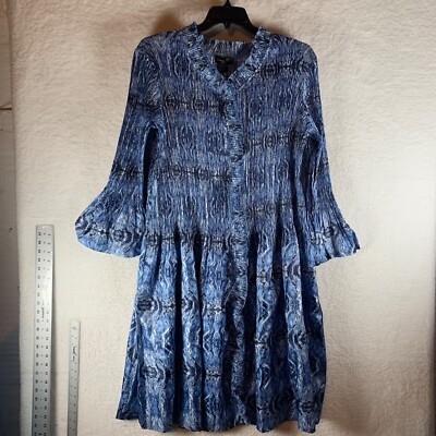 Jerry T Womens Lagenlook Artsy Blue Flower Print Crinkled Midi Dress L NWT