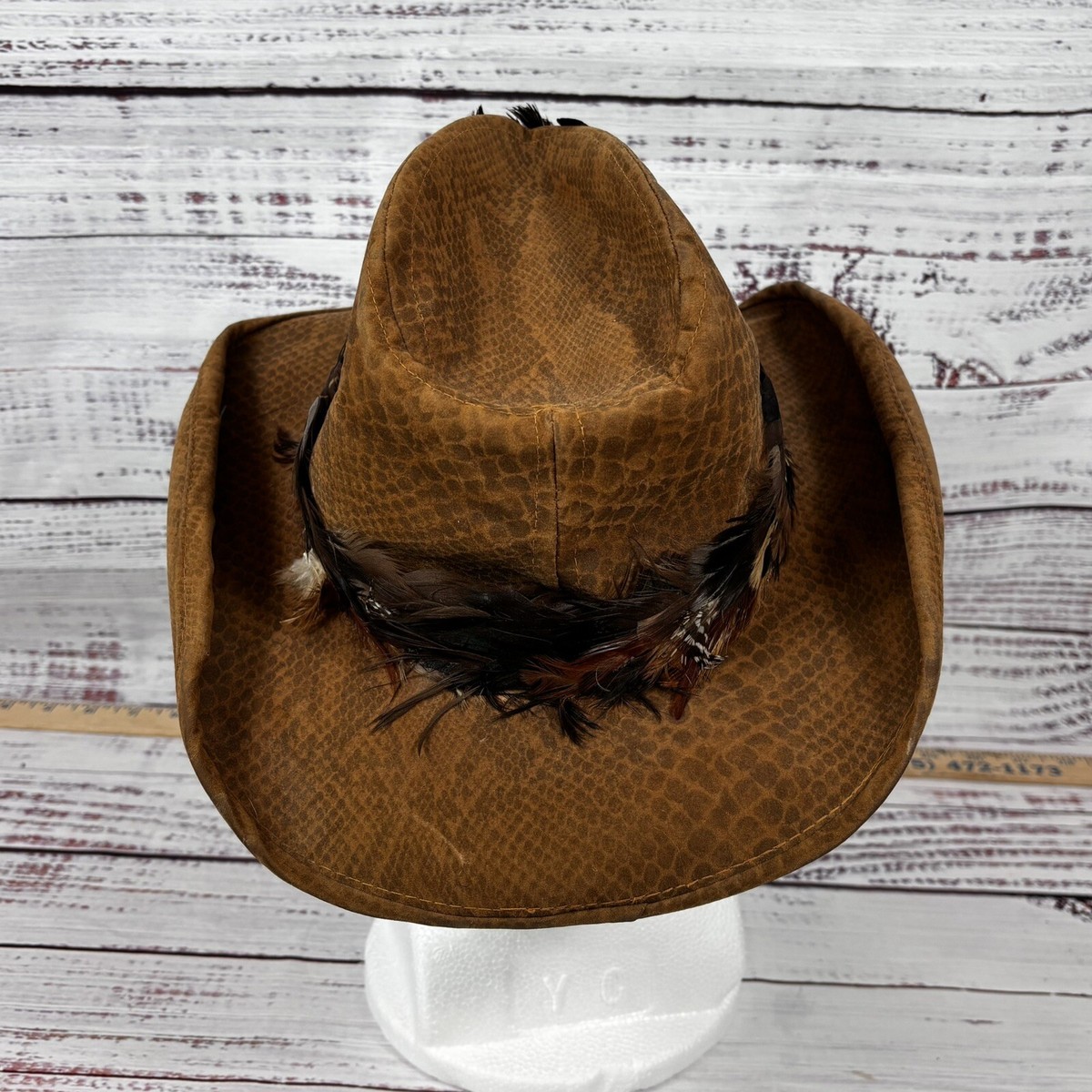 Vintage‎ Brown Cowboy Hat Feather Band Western Fedora Style Hush Puppies Small Vintage Hush Puppies Brown Western Suede Feather Cowboy Hat  main image 2