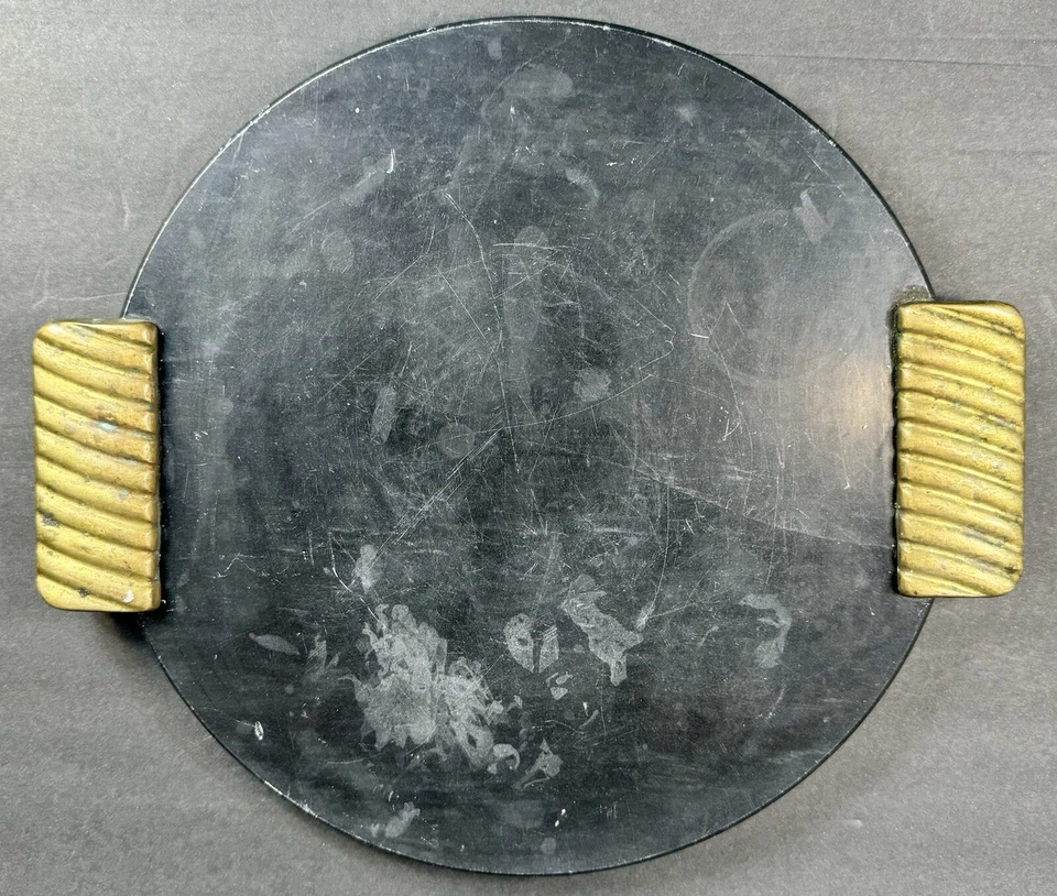 Decorative Round Marvel Tray With Brass Handles - Image 2 of 4