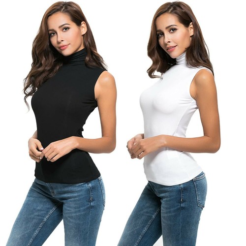 Camisetas V.Paley para mujer sin mangas simuladas cuello de tortuga ajustadas elásticas de capa - Imagen 4 de 14
