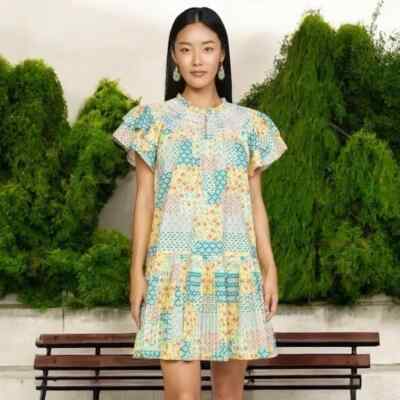 Current Air Smocked Neckline Patchwork Flutter Sleeve Cottage Pleated Mini Dress