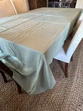 Vtg Vera Tablecloth 120X58" Sage Green Heavy W/Rolled Edge And 11 Napkins