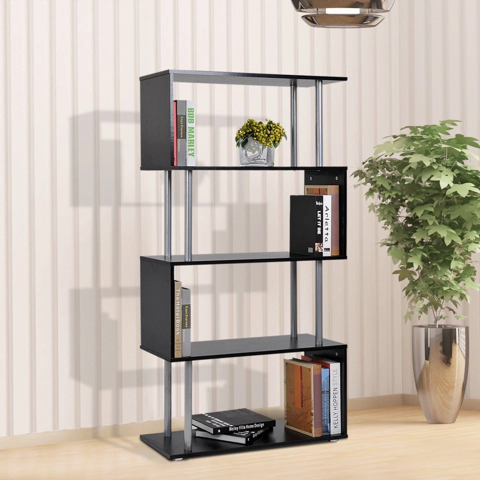 HOMCOM Libreria Design Moderna 4 Ripiani in Legno e Ferro 80×30×145cm Nera - Immagine 2 di 4