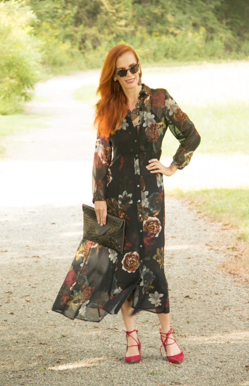 Soft Surroundings 2pc Black Floral Button Down Shirt Maxi + Slip Dress M = 10/12