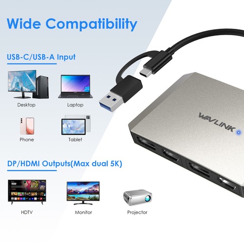WAVLINK USB C to DisplayPort USB3.0 to HDMI Adapter DisplayLink 4K@60Hz Monitor - Picture 2 of 13