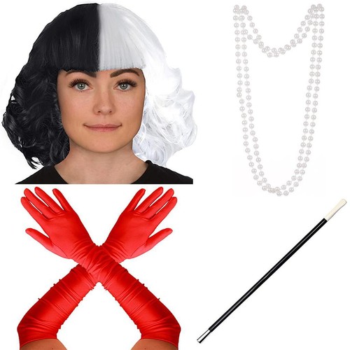 Cruella Kostüm Perücke Handschuhe Cig Halter Halloween Buch Tag Kostüm Zubehör - Bild 1 von 6