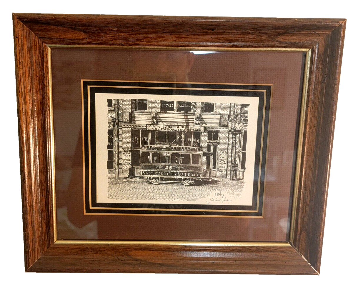 J.E. Coyle Signed Lithograph Print Streetcar Salt Lake City