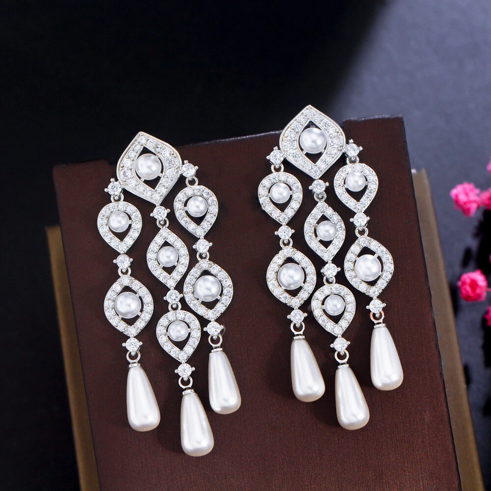 Silver Plated Cubic Zircon Long Christmas Chandelier Drop Dangle