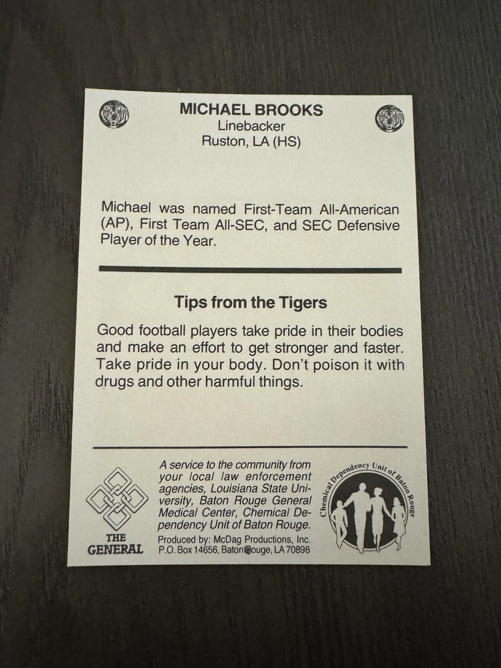 1986 McDag The General Police MICHAEL BROOKS LSU Tigers Football Card RARE - Image 2 of 2