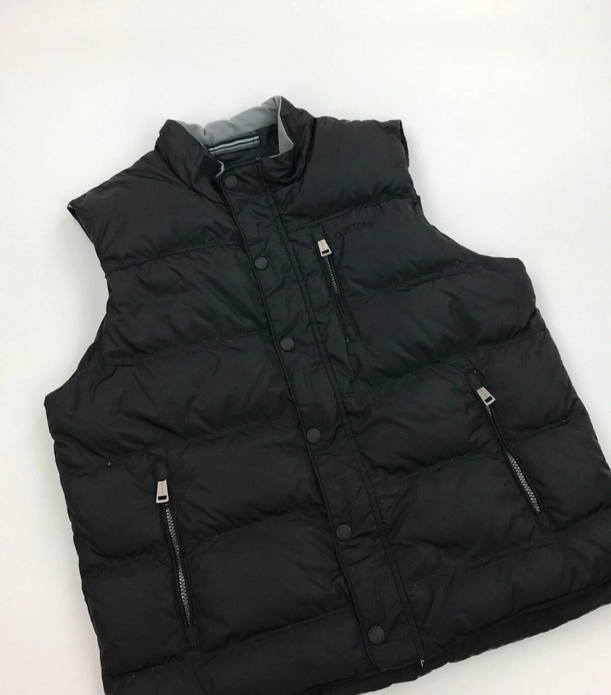 Men's Black Orvis Gilet Large L Bodywarmer Duck Down Feathers Puffer Pockets A/B