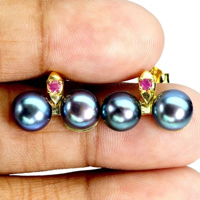 925 Sterlingsilber Ohrringe Rund Rubin 2,5mm Perle Natürlicher Edelstein Schmuck - Bild 1 von 4